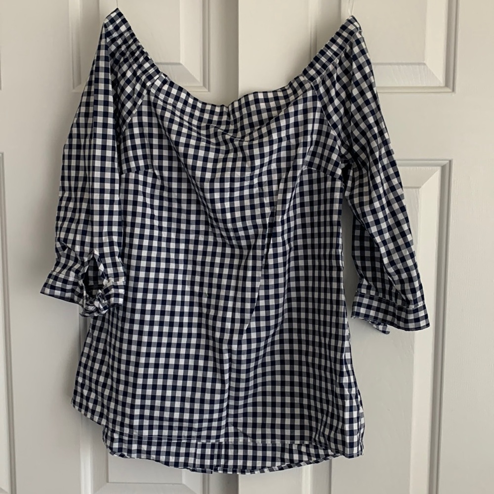 Off the shoulder navy gingham 3/4 sleeve top